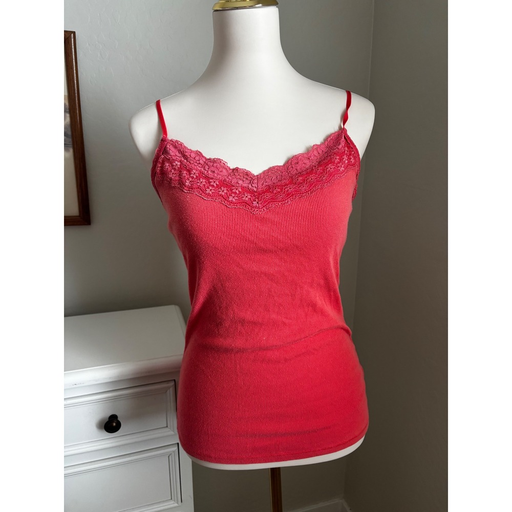 Aeropostale Womens Coral Pink Ribbed Lace‎ Trim Cami Tank Top Large